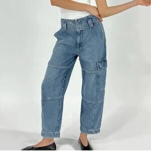 Etica Juni Relaxed Cargo Barrel Jeans Moonbay Blue Denim Sz 26 Edgy Boho Retro